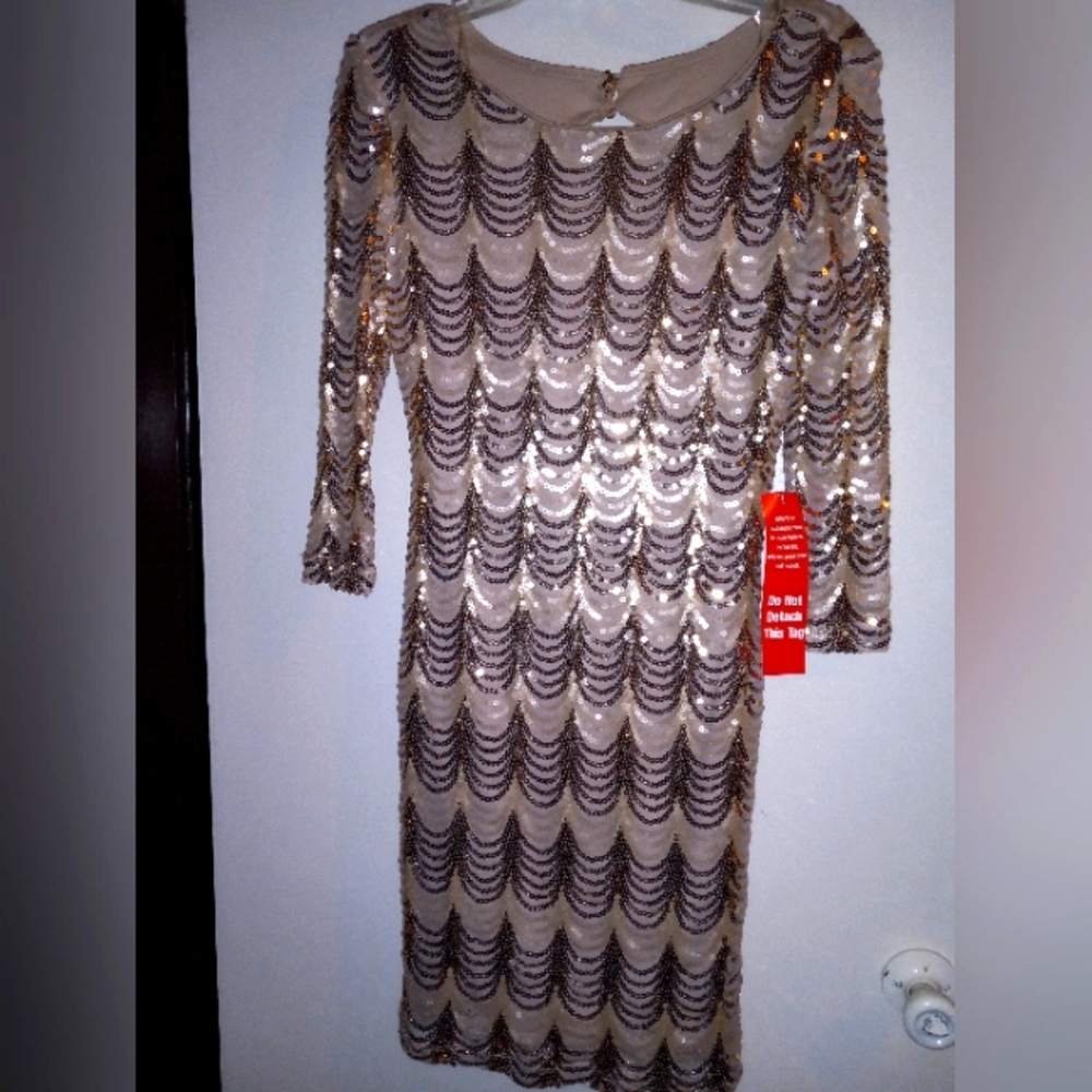 Gold Sequined Long Sleeve Dress